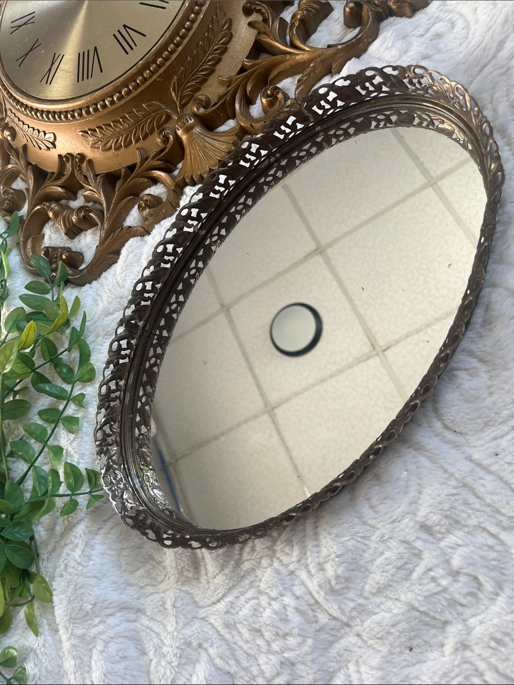 Vintage Round Ornate Mirror Vanity Tray